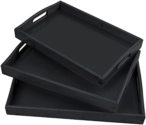 3 Pack Bamboo Serving Trays with Handles, Wooden Food Trays (Black