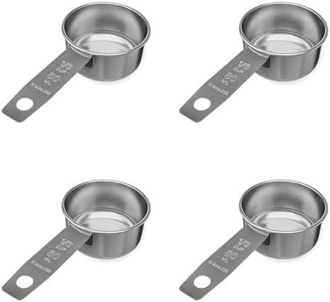 1/3 Cup Stainless Steel Measuring Cup | Sturdy Metal 80 ml | 80 cc | 3 oz | Single Cup for Wet and Dry Ingredients | Great for use as 1/3 Cup Dog Food Scoop - 4 PK