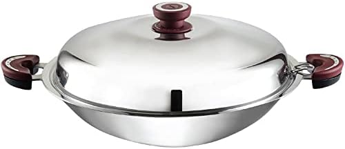 BUFFALO Stainless Steel Wok Pan with Lid Round Bottom 15 inch (38cm) - Stir Frying Pan Tri-Ply Nonstick Cookware - Double Handle Cooking Pot for Induction/Electric/Gas Stoves