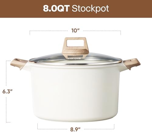 CAROTE Nonstick Stock Pot with Lid, 8 Quart White Granite