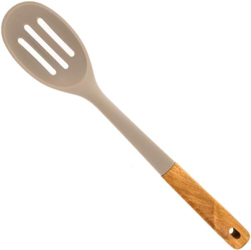 Beille 1pc Beech Wood and Slotted Silicone Cooking Spoon Kitchen Utensils Baking Supplies Home Essentials, Light Grey