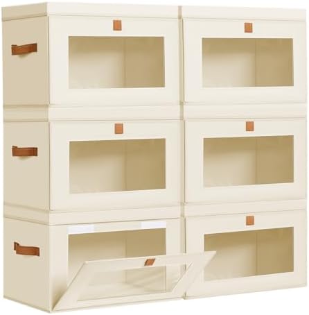 DIMJ Storage Bins with Lids - 6 Pack Large Fabric Closet Organizer with Window & Handles, Collapsible Decorative Storage Boxes for Shelves Under Bed, Books Clothes Blankets Sweaters Organization