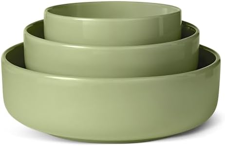 Amazon Basics Ceramic Serving Bowls Set Of 3, Glazed Stoneware (6", 8" & 10"), Nestable Space-Saving, Stain-Resistant, Microwave & Dishwasher-Safe, Olive