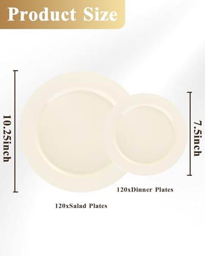 Goodluck 200 PCS Ivory Plastic Plates, Heavy Duty Disposable Ivory Plates with 100 10.25 inch Dinner Plates and 100 7.5 inch Dessert Plates for Party, Holiday, Wedding