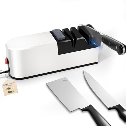 Electric knife sharpener, 5 in 1 knife sharpening system with straight blade, professional diamond knife sharpener FOR rough sharpening, repair and sharpening of knives (White & Black)