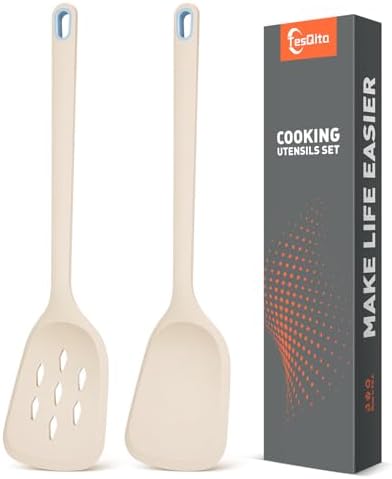 Silicone Spatula Set of 2 Pack, Heat Resistant Solid&Slotted Turner (KHAKI)