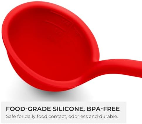 Elihome Classic 10.5 inch Silicone Soup Ladle Cooking Spoon: 600ºF Heat Resistant 2 oz Non-stick Seamless Rubber Kitchen Deep Serving Spoon with Non Slip Long Handle for Cooking Sauce Stews Gravy Red
