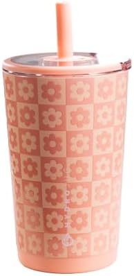 HydroJug Everyday Tumbler 14 oz, Ceramic-Lined Straw Cup, Daisy Checkers