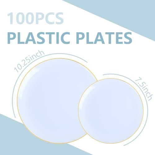 PULOTE 100PCS Blue Plastic Plates - Disposable Light Blue Include 50 Dinner & 50 Dessert/Salad Plates for Party, Wedding & Birthday