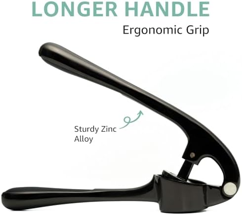 Garlic Press Crusher & Mincer – Easy Squeeze Ergonomic Handle, Heavy Duty Zinc Alloy, Dishwasher Safe, Includes Peeler & Cleaning Brush – Garlic Ginger Crusher Tool (Black)