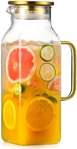2 Quart (2 Liter 68 oz) Square Glass Pitcher with Lid and Spout, Water Pitchers with Handle for Fridge, Borosilicate Glass Carafe for Hot/Cold Drink, Large Jug for Iced Tea, Coffee, Beverage, Cold
