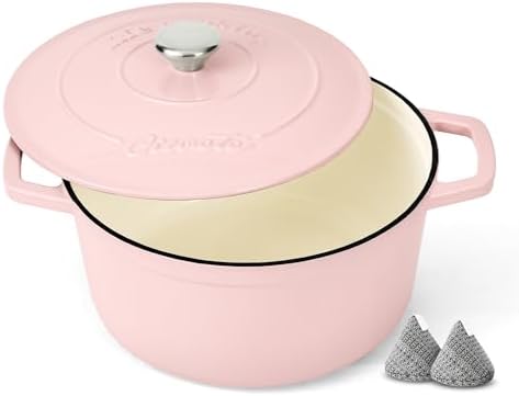 Ciwete Enameled Cast Iron Dutch Oven Pot, 4.4 Quart, Light Pink