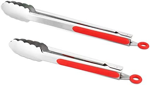 Premium 304 Stainless Steel Tongs Set – 12" Grill Tongs & 9" Cooking Tongs, Heat Resistant up to 600°F, Wavy Grip Head, Non‑Slip Handle with Locking Clip & Hanging Loop, Dishwasher Safe, Red