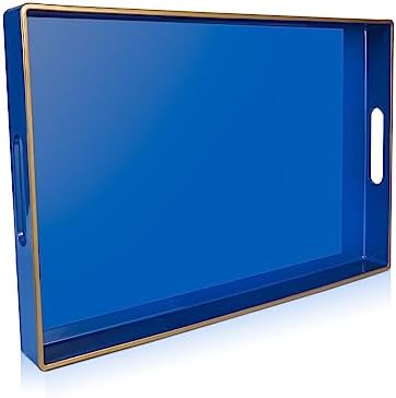 Gifturbo Blue Serving Tray,Decorative Serving Trays with Handles, Coffee Table Tray Ottoman Rectangular Plastic Tray for Living Room, Bathroom, 15.7” x 10.2” x1.37”