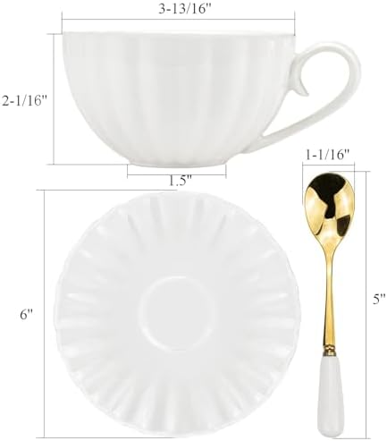Yesland Set of 6 Royal Tea Cups and Saucers, 6 oz White Porcelain Tea Set & British Coffee Cups, White Latte Cups and Espresso Mug for Specialty Coffee Drinks, Latte, Cafe Mocha, Tea