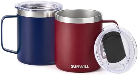 SUNWILL Travel Coffee Mug Set of 2, Insulated Tumbler with Lid, 14 oz Stainless Steel Cup with Handle for Camping, Office, Home, Powder Coated Navy Blue & Wine Red