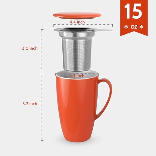 Sweese 15oz Porcelain Tea Mug with Infuser and Lid – Microwave Safe, Ergonomic Handle, Lead-Free Glaze, for Loose Leaf Tea