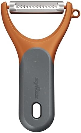 Zyliss Julienne Y Peeler – Ultra-Sharp Stainless Steel Blade for Carrots, Zucchini & Potatoes – Ergonomic Wheatstraw Grip – Built-in Eye Cutter & Safety Cover – Dishwasher Safe – Orange