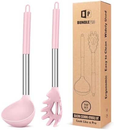 BUNDLEPRO Silicone Soup Ladle and Pasta Spoon Set, 2 Pack, Pink