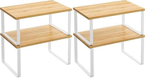 SONGMICS Cabinet Organizer Shelf, Set of 2 Kitchen Counter Shelves, Kitchen Storage, Spice Rack, Stackable, Expandable, Metal and Engineered Wood, Cloud White and Natural Beige UKCS02NW (Pack of 2)