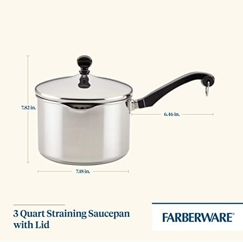 Farberware Classic Series Stainless Steel Straining Sauce Pan with Lid, 3-Quart Sauce Pan With Pour Spout (Pack of 3)