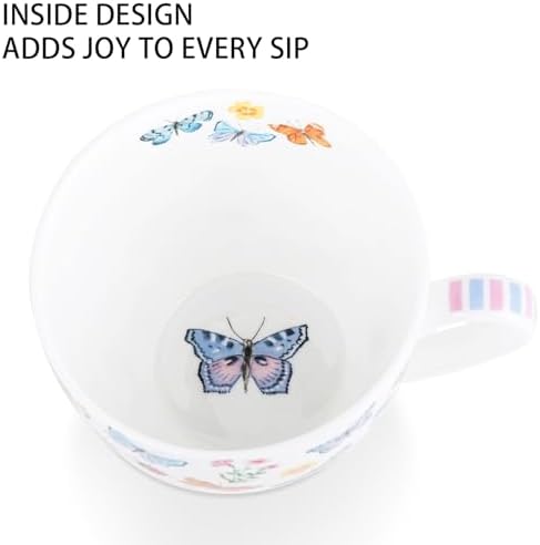 Colorful Butterfly Mug - 20oz Bone China Coffee Tea Hug Mug with Multicolor Butterflies, Ladybugs, Bees & Blooms, Perfect Gifts for Mom Women Mothers Day, Designed in England by Harvest Green Studio