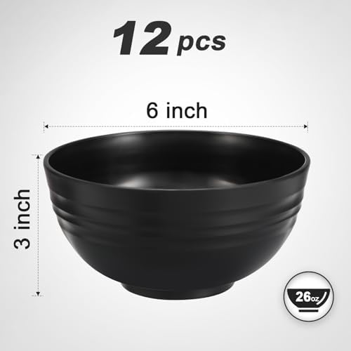 HEYCOME 12 Pcs Unbreakable Cereal Bowls Set, 26 Oz Wheat Straw Bowls Set, Microwave & Dishwasher Safe Bowls for Kitchen, Reusable Plastic Bowls for Soup, Salad and Snack, BPA Free, Black