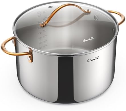 Ciwete 8 Quart Stock Pot with Lid, Upgraded Tri-Ply Stainless Steel Pot, Seamless Soup Pot with Stay-Cool Brass Handle, Healthy Polished Stockpots, Induction Cookware, Oven and Dishwasher Safe