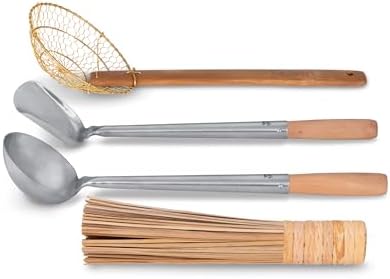 Craft Wok Tools 4 pcs Set: Ladle, Spatula, Strainer, Bamboo Brush/Utensils Traditional Asian Cookware with Wooden Handles / 732W9