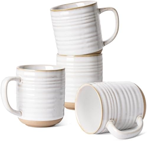 LE TAUCI Ceramic Coffee Mugs Set of 4, 18 oz, Rustic Style, Arctic White
