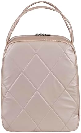 Machine Washable Women Quilted Fabric Insulated Reusable Cooler Lunch Bag Tote Adult Thermal Lunch Box Storage Bag for Ｗork (Champagne)