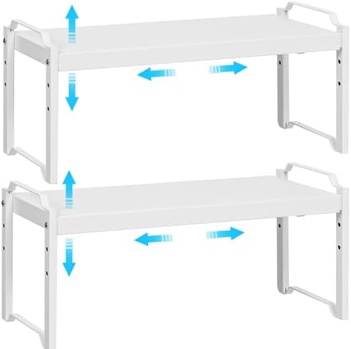 2 Pack Stackable Expandable Shelves For Kitchen Cabinet Countertop Storage, Adjustable Counter Cupboard Pantry Organizer Shelf Rack Stand, Length:25.5 Inch