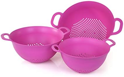 Mintra Home Plastic Strainer Colanders Set: 3, 3.5 and 5 Quart (Fuchsia) Double Strong Handles and Deep Bowl, Safe BPA-Free - Use for Pasta, Noodles, Spaghetti, Vegetables (Assorted Sizes 3pk)