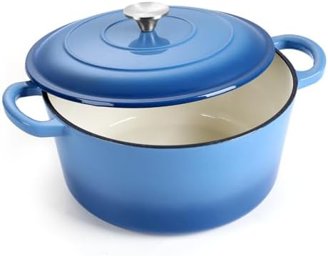 E-far 6 Quart Enameled Cast Iron Dutch Oven with Lid, Round Dutch Oven Pot Nonstick Cookware for Braising, Stews, Roasting, Bread Baking, Cooking, Heavy Duty, Induction & Oven Safe - Blue
