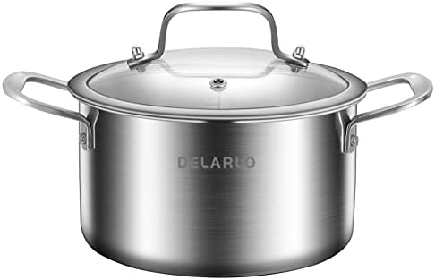 DELARLO Whole Body Tri-ply Stainless Steel Stock Pot with Lid 3.5QT, Cooking Pot Food Grade Cookware, Durable Soup Pot with Glass Lid,Suitable for All stoves, Dishwasher Safe