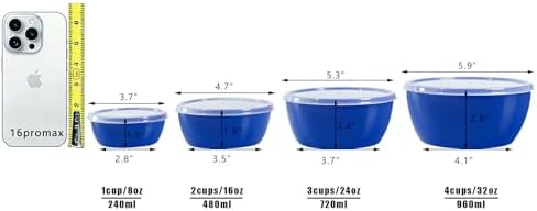 4-Piece Classic Plastic Prep Bowls with Lids, Nesting Plastic Small Mixing Bowl Set for Mixing, Baking, Prepping, Cooking and Serving Food, Microwave and Dishwasher Safe (Blue)