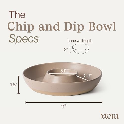 MORA Ceramic Chips and Dip Serving Tray: Large Divided Party Bowl Set for Chips & Salsa, Veggies & Dip, Fruit, Snacks, Entertaining, Hosting, etc. Minimalist Design for the Modern Hostess - Mushroom