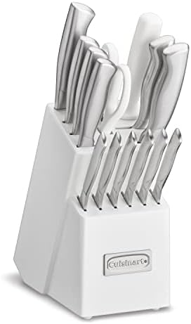 Cuisinart Professional Block Knife Set, 15pc Cutlery Knife Set with Steel Blades for Precise Cutting, Lightweight, Stainless Steel Durable & Dishwasher Safe, White