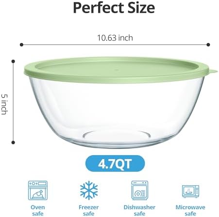 Extra Large Glass Mixing Bowls Clear Glass Salad Cooking Bowls for Kitchen Salad Bread Storage (4.7Qt)
