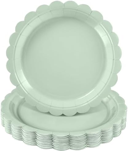 NatNarr 30 Pk Sage Green Paper Plates 9" Scalloped Sage Baby Shower Plates
