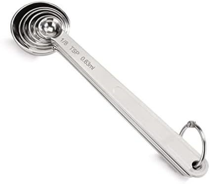 New Star Foodservice 43112 Stainless Steel Measuring Spoons, Set of 6, Round Metal Measuring Spoon Set with Ring Hook for Baking, Cooking, Spices, Wet and Dry Ingredients, Silver