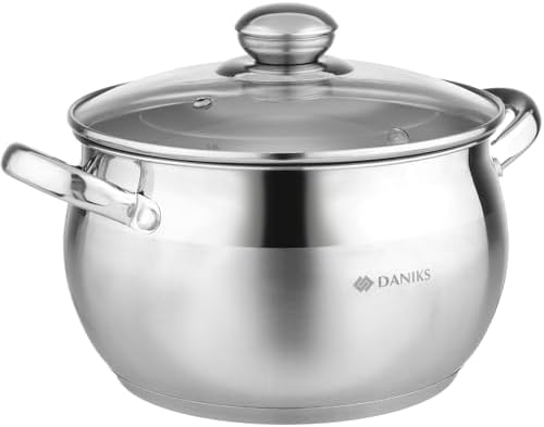 Daniks Classic 4 Quart Stainless Steel Stock Pot with Glass Lid, Tri-Ply Bottom for Even Heating, Induction Compatible, Dishwasher Safe