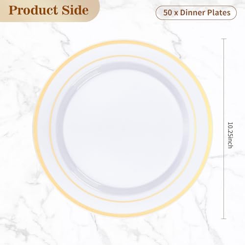 BESTVIP 50Pcs Gold Plastic Plates, 10.25 Inch Disposable Party Plates