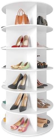 SpaceAid 6 Tier Rotating Shoe Rack Tower, Spinning Shoe Display Lazy Susan, Revolving 360 Shoe Rack Storage Round Carousel, Vertical Handbag Rotate Shoes Closet Organization (6-Tier White)