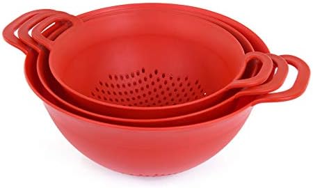 Mintra Home Plastic Strainer Colanders Set: 3, 3.5 and 5 Quart (Red) Double Strong Handles and Deep Bowl, Safe BPA-Free - Use for Pasta, Noodles, Spaghetti, Vegetables (Assorted Sizes 3pk)