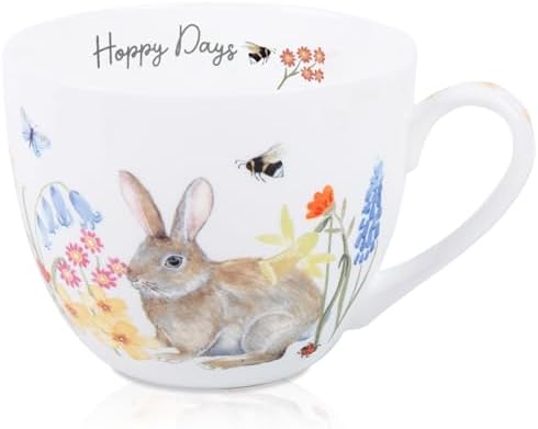 20 oz Bunny Coffee Mug with Spring Flowers & Happy Days Slogan, Premium Bone China Rabbit Coffee Cup, Cute Garden Gift for Women, Family&Friends, Designed in England by Harvest Green Studio
