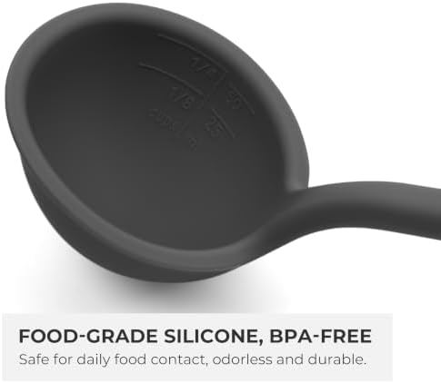 Elihome Classic 10.5 inch Silicone Soup Ladle Cooking Spoon: 600ºF Heat Resistant 2 oz Non-stick Seamless Deep Serving Spoon with Non Slip Long Handle for Cooking Sauce Stews Gravy Dark Grey