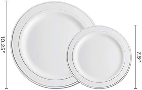 100 Silver Rim White Plastic Plates Set, 10 Inch 7 Inch Combo Pack 50 Each