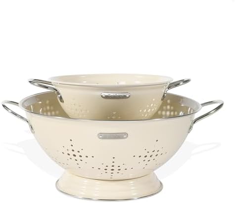Metal Colander 2 Pack, Strainer Bowel with Handles 2Qt & 6Qt Powder Coated Solid Ring Base Heavey Duty Kitchen Drainer Basket for Pasta Veggies and Fruits,New Home Apartment Essentials (Almond Cream)