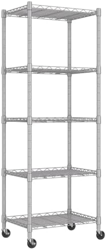 REGILLER 5-Wire Shelving Metal Storage Rack Adjustable Shelves,Standing Storage Shelf Units for Laundry Bathroom Kitchen Pantry Closet(Silver,11.8" D x 16.6" W x 53.5" H,With Wheels)